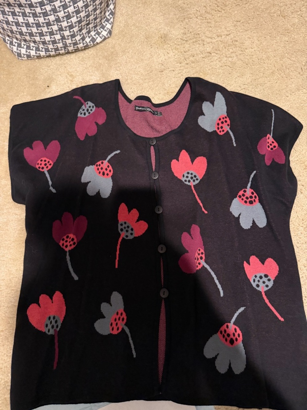 Gudrun Sjoden Vest- Black Floral Button Front Vest - Pink & Gray Flowers